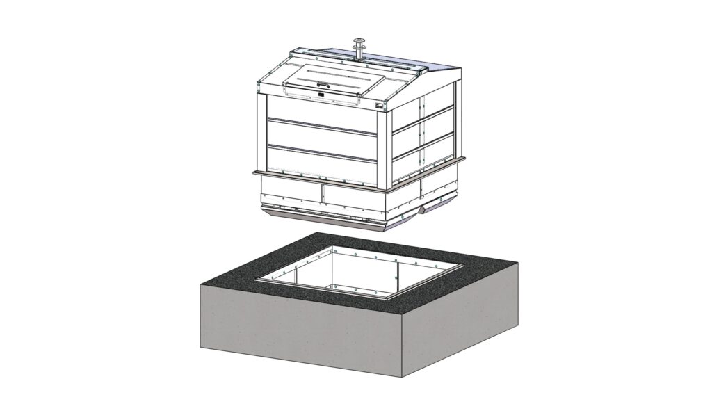 Technische Zeichung des Semi-Sub-Containers und der dazugehörigen Stahlwanne